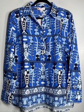Jude Connally XXL Resort Seaside Blue Poplin Cotton Lobster Popover Stretch Top